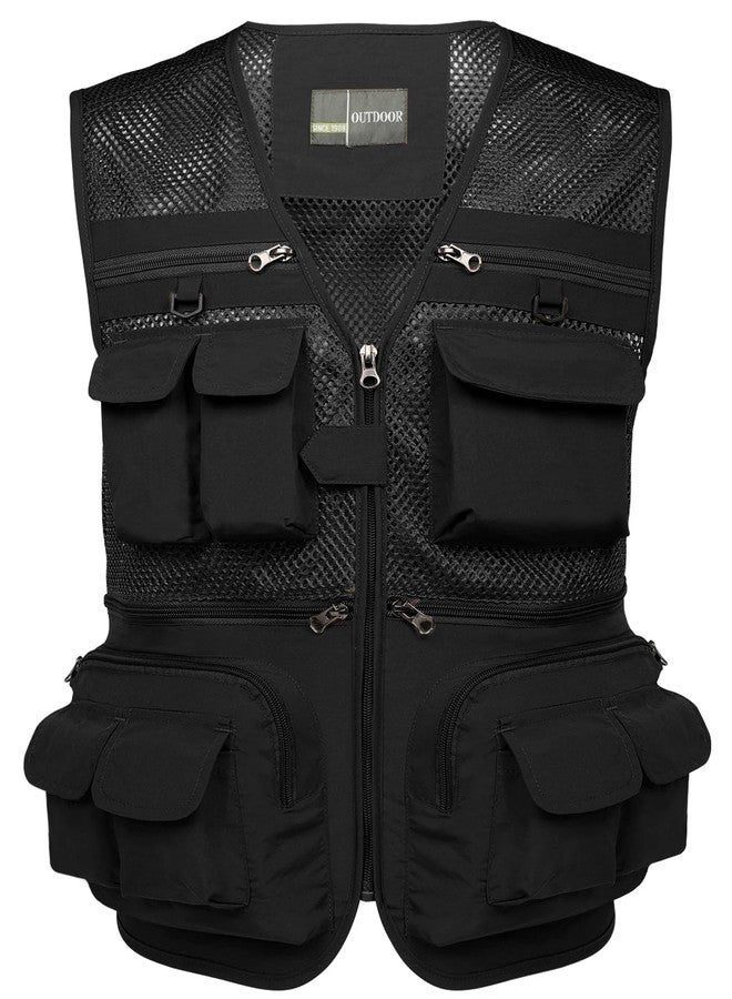 flygo سترة صيد رجالية من فلايغو، خفيفة الوزن، متعددة الاستخدامات، مناسبة للسفر والرحلات الخارجية، مزودة بـ 16 جيبًا شبكيًا، لون أسود، مقاس L - Image 1